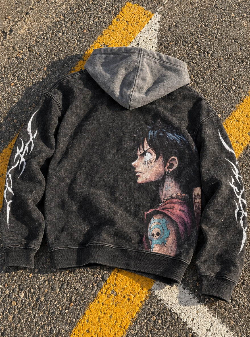 Tattooed Luffy – Black & Grey Hoodie – flat-lay | One Piece
