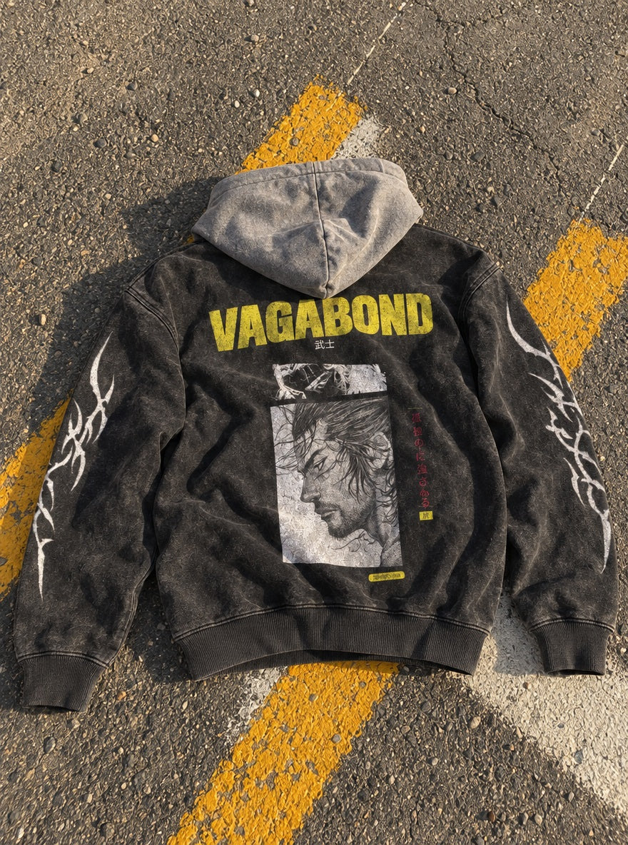 Musashi Profile – Black & Grey Hoodie – flat-lay | Vagabond