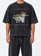 A Cat on Titan – Black Acid Wash Tee – model shot | Meme Tees