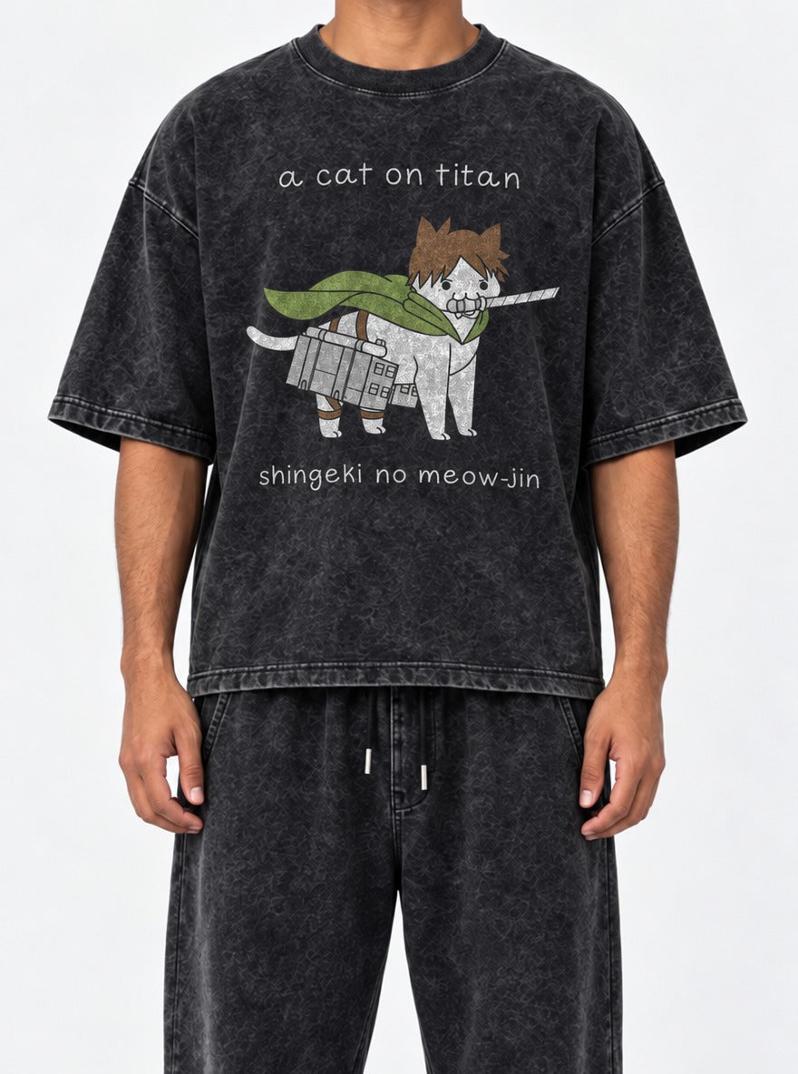 A Cat on Titan – Black Acid Wash Tee – model shot | Meme Tees