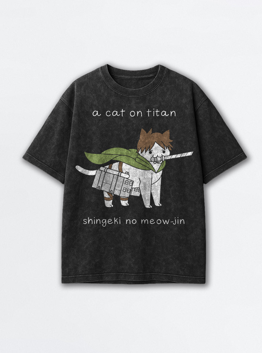 A Cat on Titan – Black Acid Wash Tee – mockup | Meme Tees