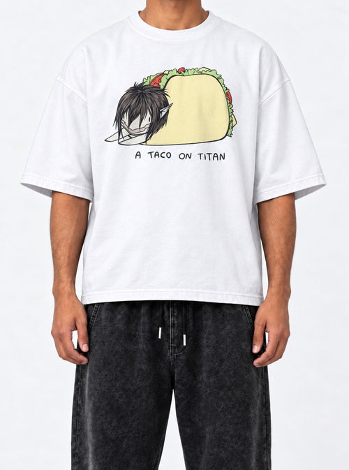 A Taco on Titan – White Tee – model shot | Meme Tees