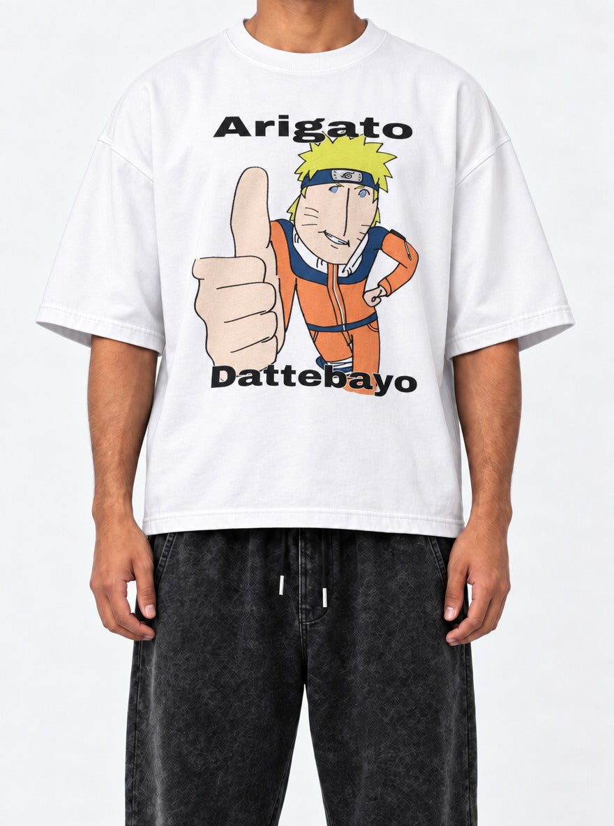 Arigato Dattebayo – White Tee – model shot | Meme Tees