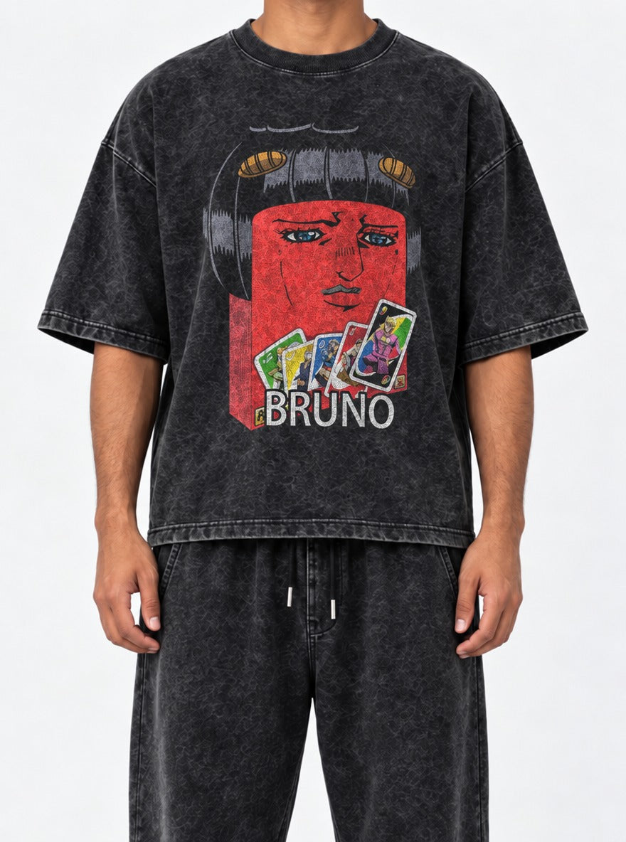 Bruno – Black Acid Wash Tee – model shot | Meme Tees
