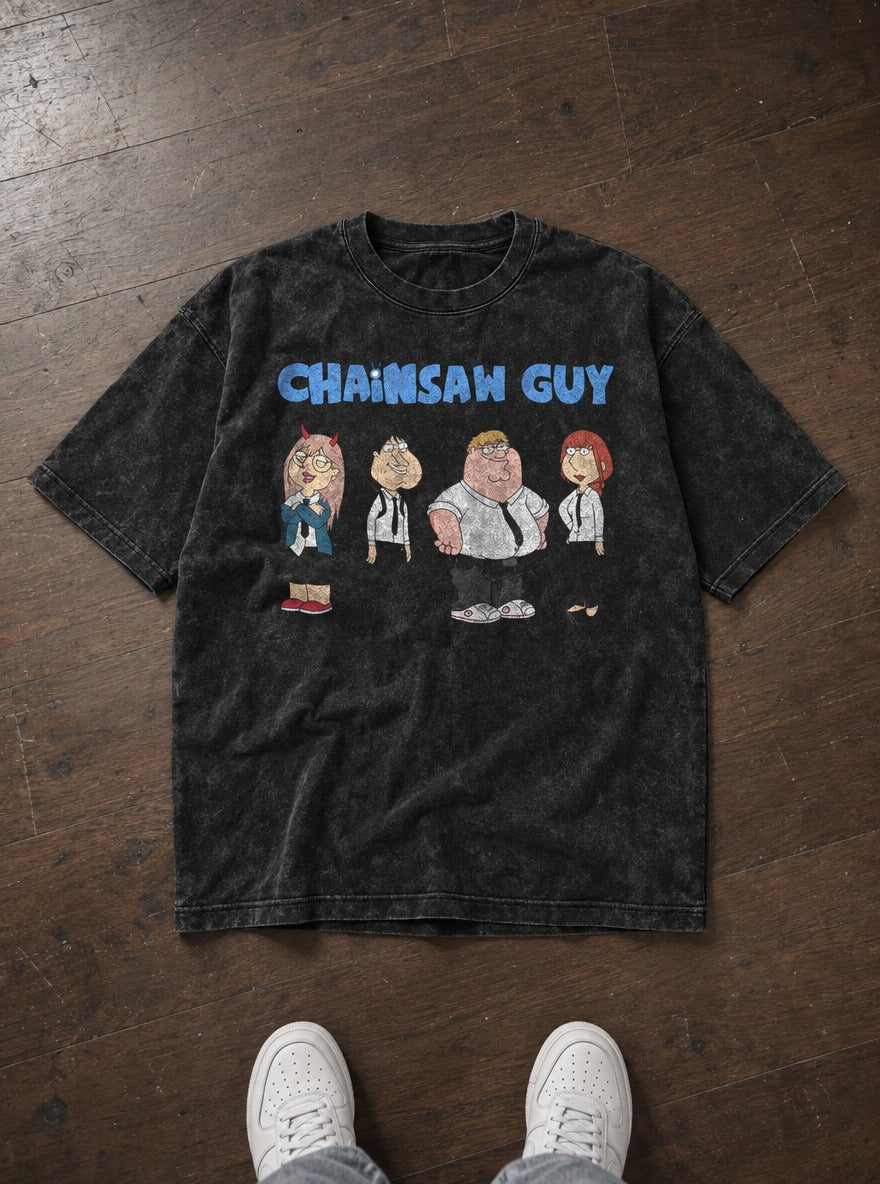 Chainsaw Guy – Black Acid Wash Tee – flat-lay | Meme Tees