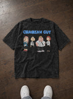 Chainsaw Guy – Black Acid Wash Tee – flat-lay | Meme Tees