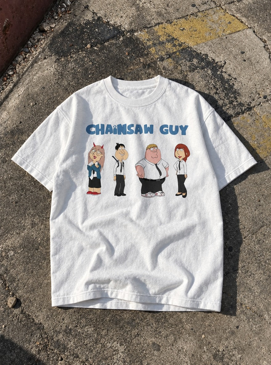 Chainsaw Guy – White Tee – flat-lay | Meme Tees