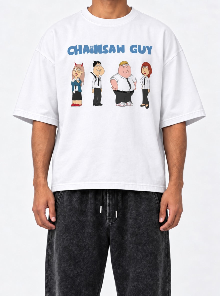 Chainsaw Guy – White Tee – model shot | Meme Tees