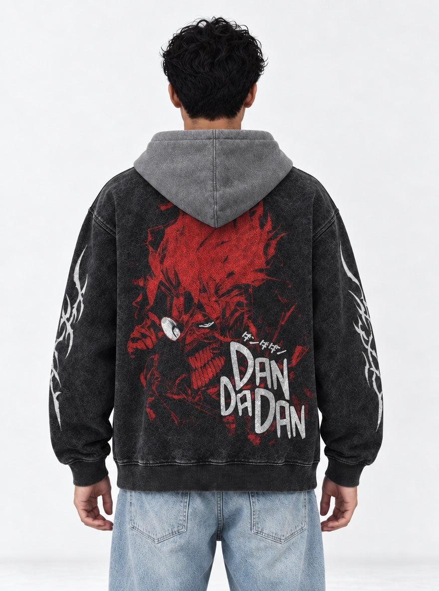 Okarun Red Aura – Black & Grey Hoodie – model shot | Dandadan