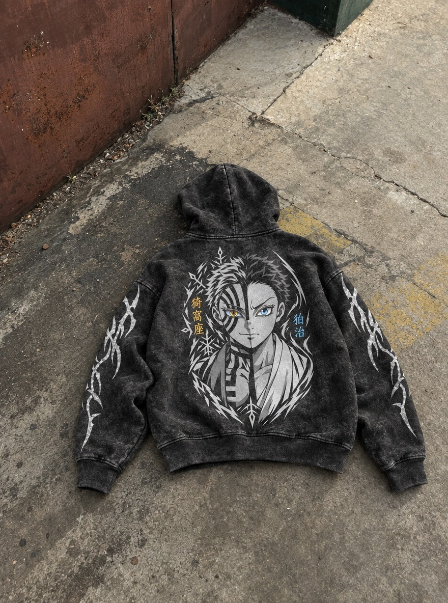 Akaza Duality – Hoodie – flat-lay | Demon Slayer