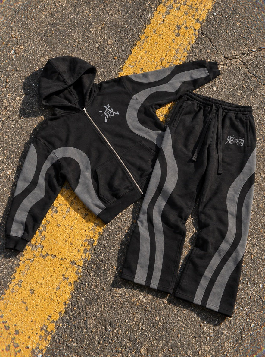 Black & Grey Co-ord Set – Hashira Logo – flat-lay | Demon Slayer