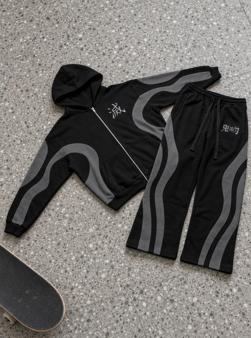 Black & Grey Co-ord Set – Hashira Logo – flat-lay | Demon Slayer