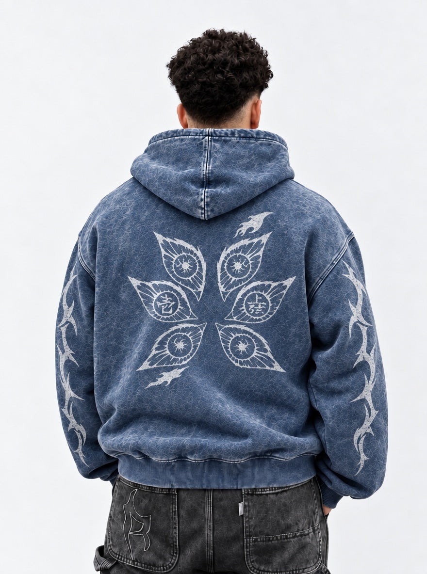 Blue Faded Hoodie – Six Eyes – model shot | Demon Slayer