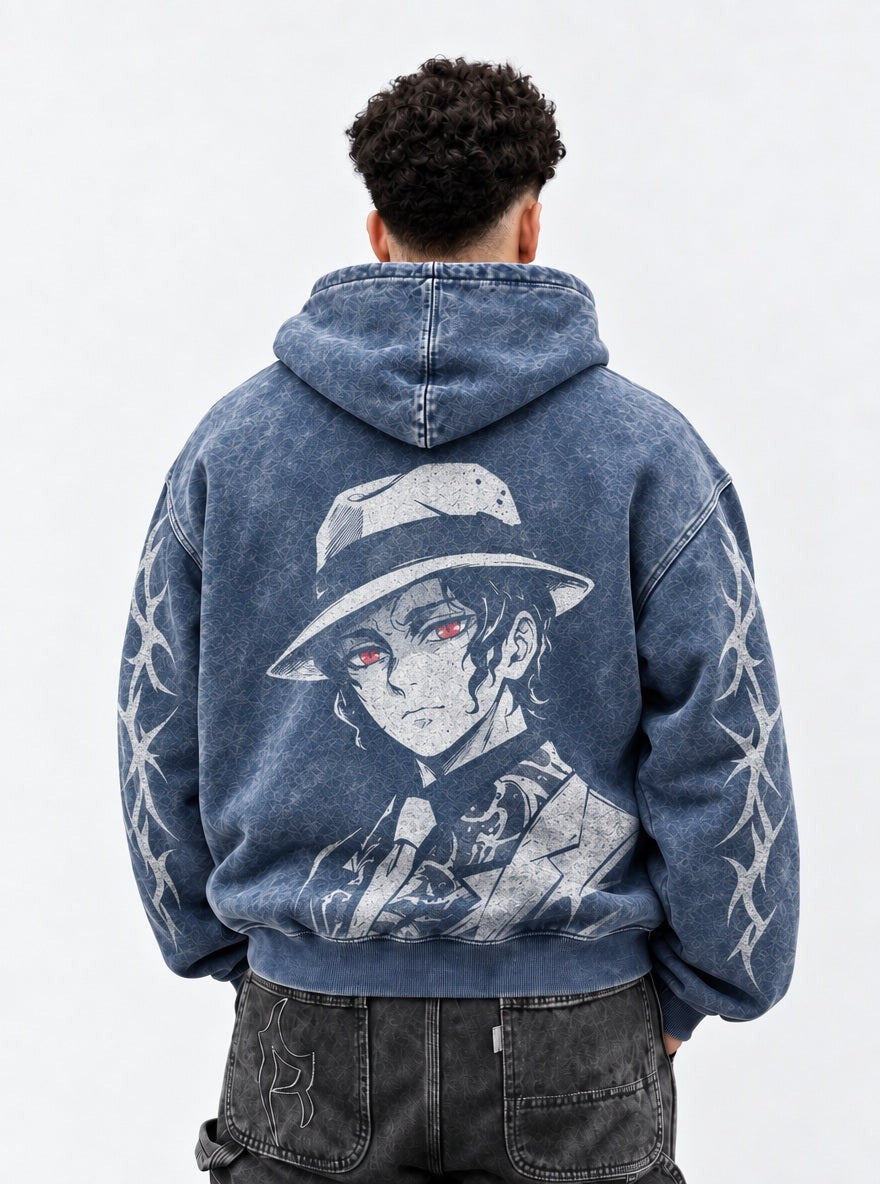 Blue Faded Hoodie – Muzan Hat – model shot | Demon Slayer