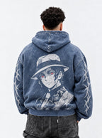 Blue Faded Hoodie – Muzan Hat – model shot | Demon Slayer