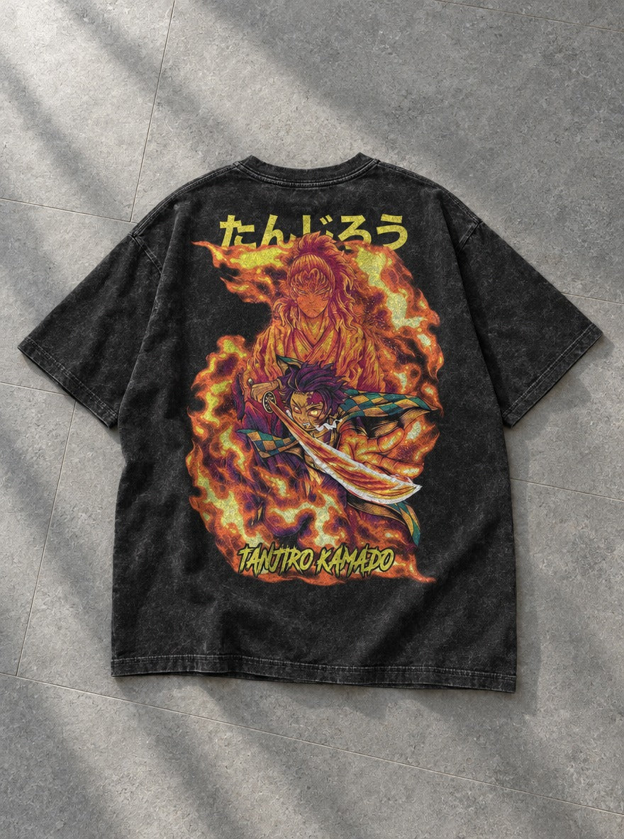 Flame Bond – Black T-Shirt – flat-lay | Demon Slayer