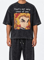 Not Very Umai – Black Acid Wash Tee – model shot | Demon Slayer