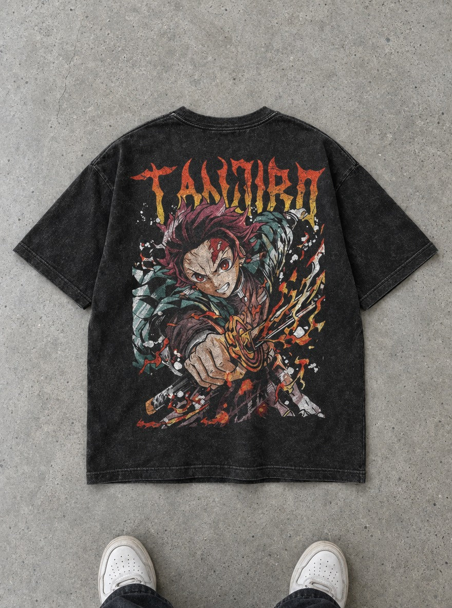 Scarred Flame – Black T-Shirt – flat-lay | Demon Slayer