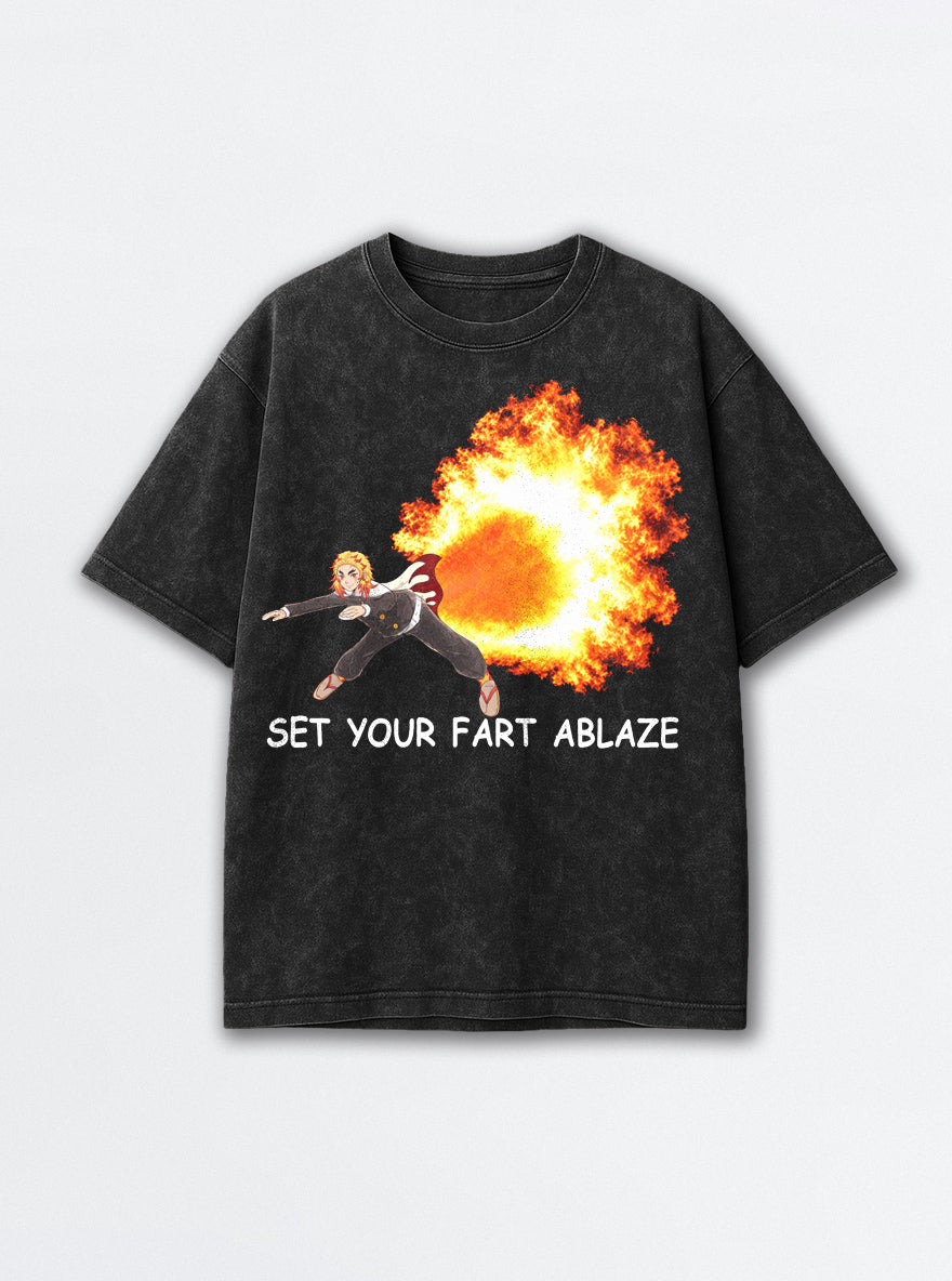 Set Your Fart Ablaze – Black Acid Wash Tee – mockup | Demon Slayer