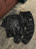 Black Tee & Joggers Combo – Rengoku Ember – flat-lay | Demon Slayer