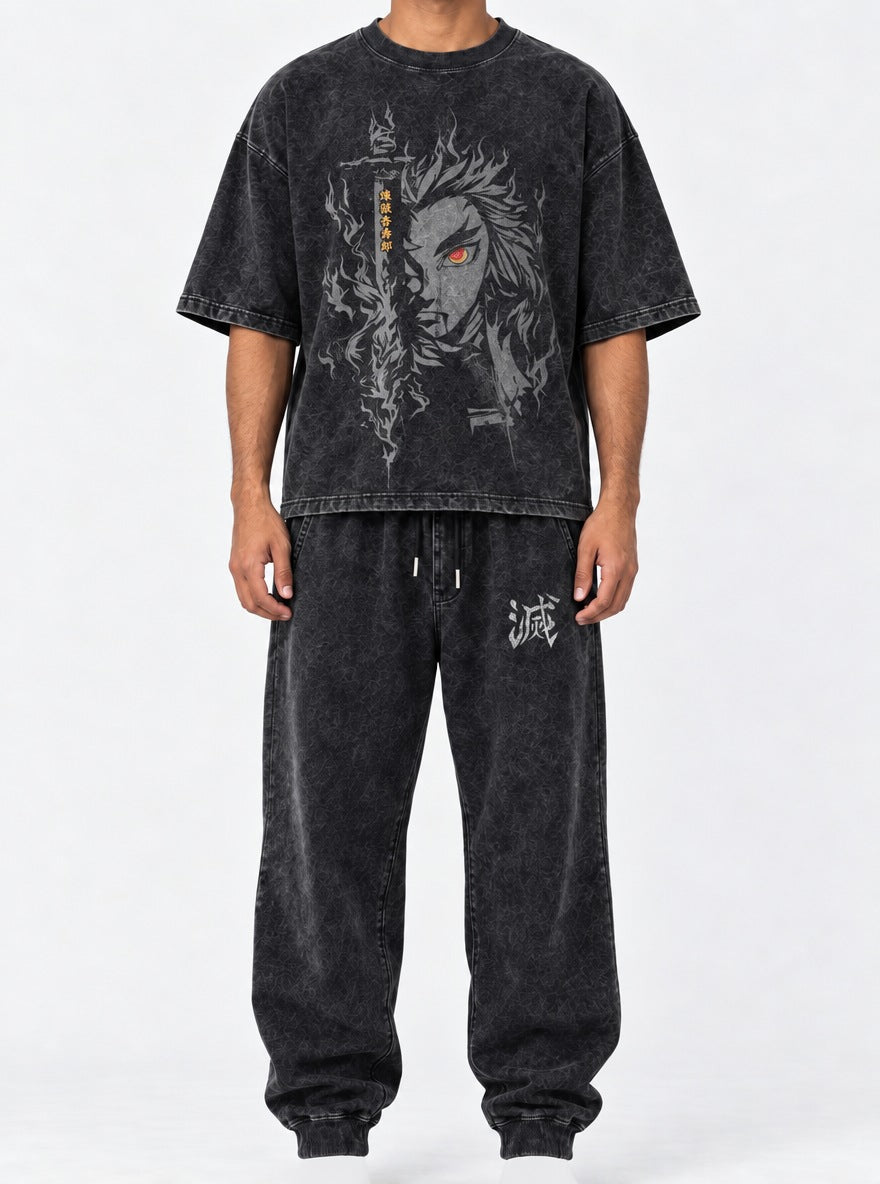 Black Tee & Joggers Combo – Rengoku Ember – model shot | Demon Slayer