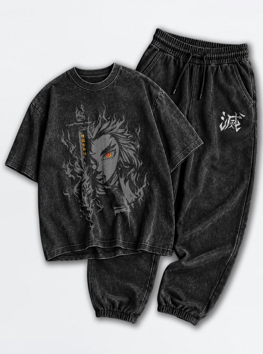 Black Tee & Joggers Combo – Rengoku Ember – mockup | Demon Slayer