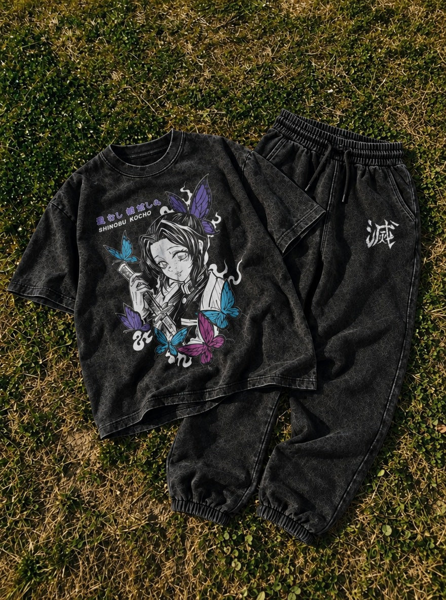 Black Tee & Joggers Combo – Shinobu Butterfly – flat-lay | Demon Slayer