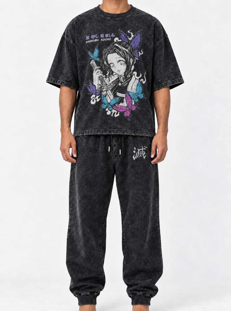 Black Tee & Joggers Combo – Shinobu Butterfly – model shot | Demon Slayer