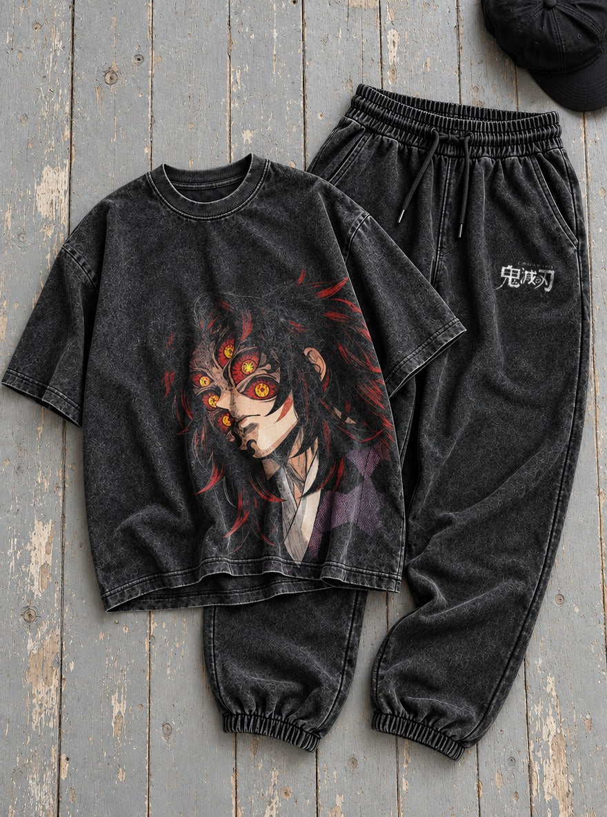 Black Tee & Joggers Combo – Kokushibo Gaze – flat-lay | Demon Slayer