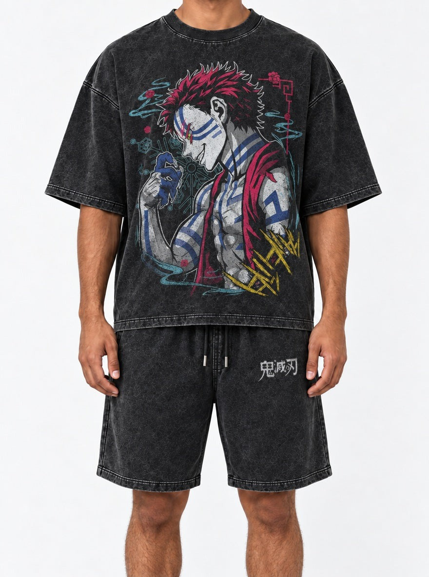 Black Tee & Shorts Combo – Akaza Unleashed – model shot | Demon Slayer