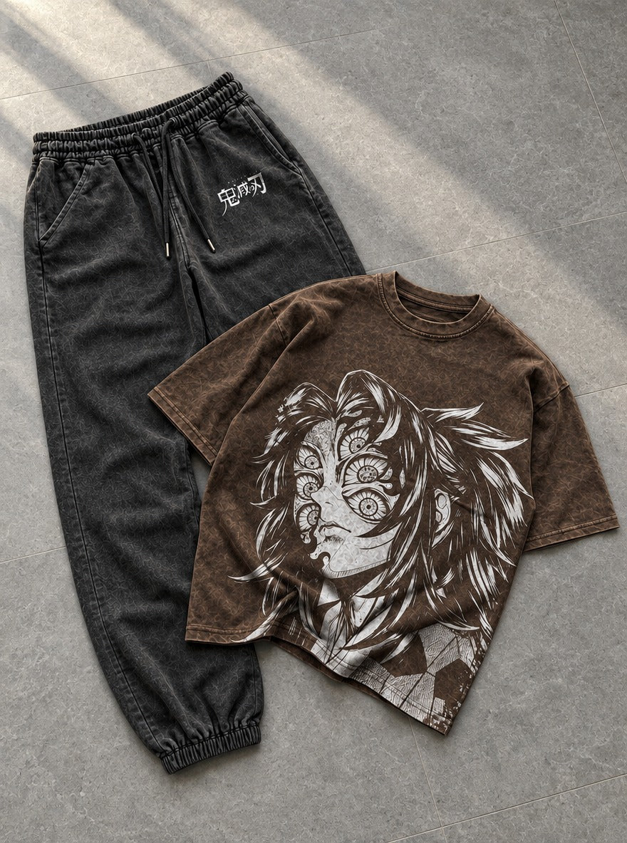 Brown Tee & Joggers Combo – Many-Eyed Face – flat-lay | Demon Slayer