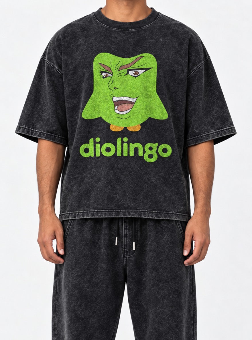 Dio Lingo – Black Acid Wash Tee – model shot | Meme Tees