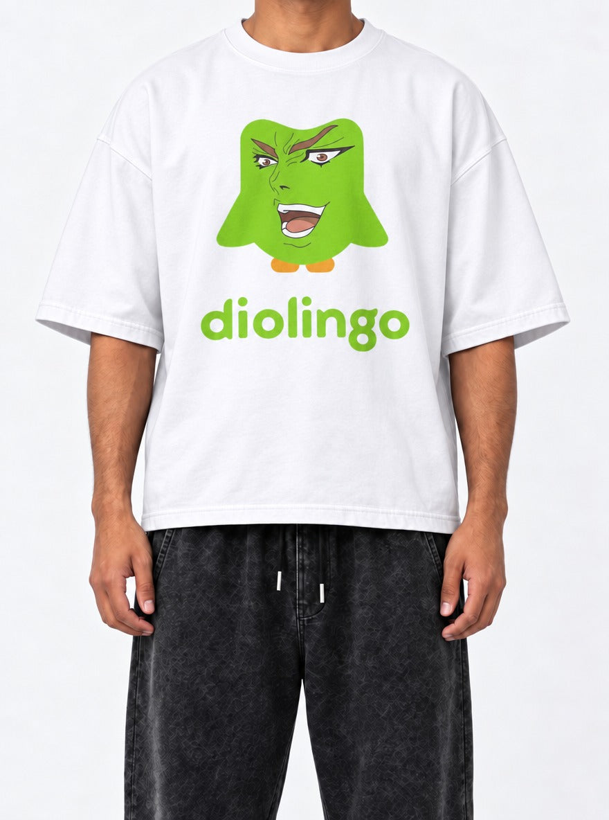 Dio Lingo – White Tee – model shot | Meme Tees
