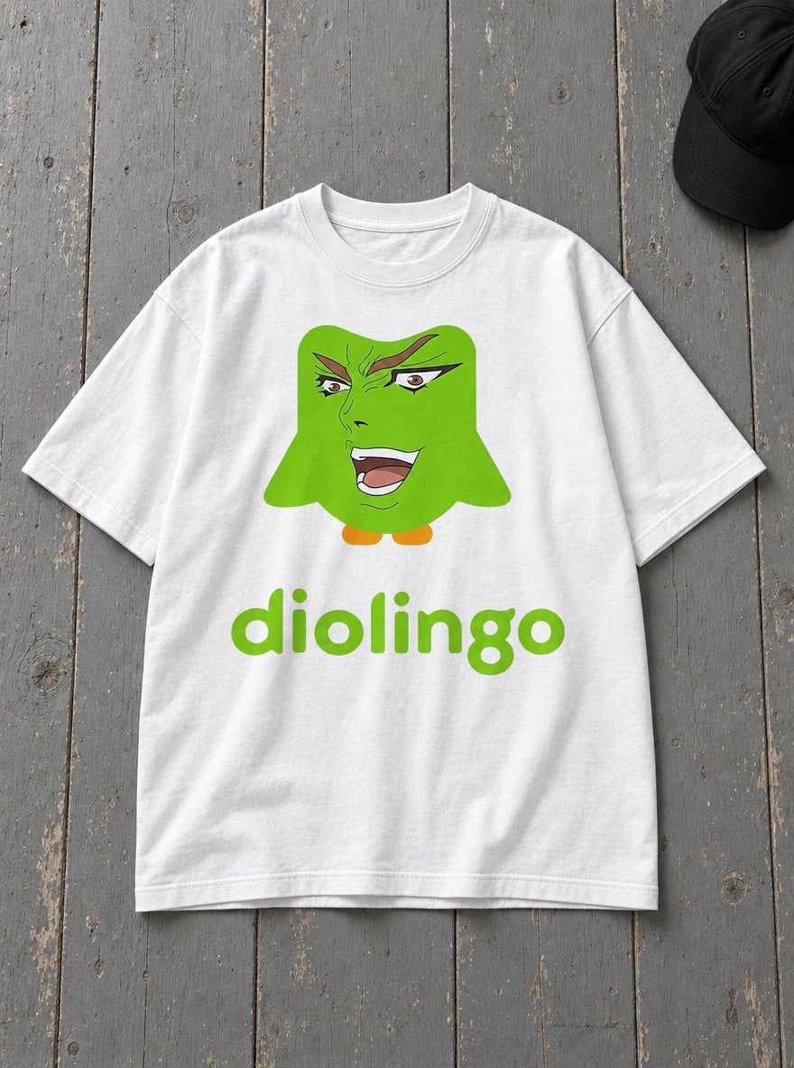 Dio Lingo – White Tee – flat-lay | Meme Tees