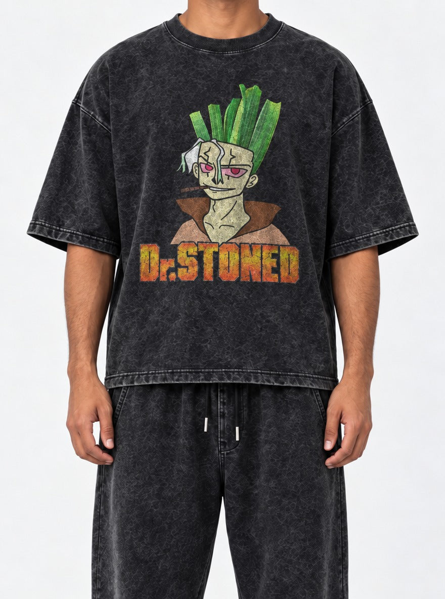 Dr. Stoned – Black Acid Wash Tee – model shot | Meme Tees