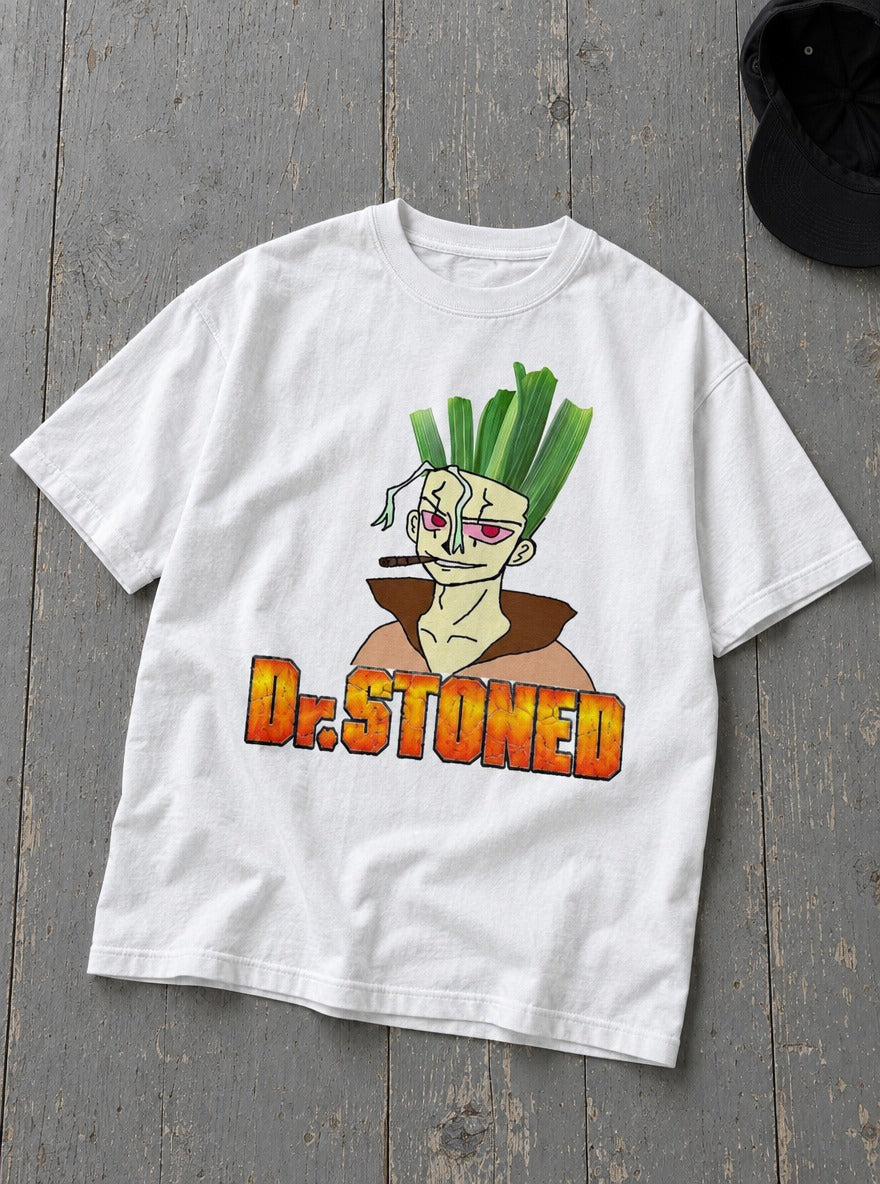 Dr. Stoned – White Tee – flat-lay | Meme Tees