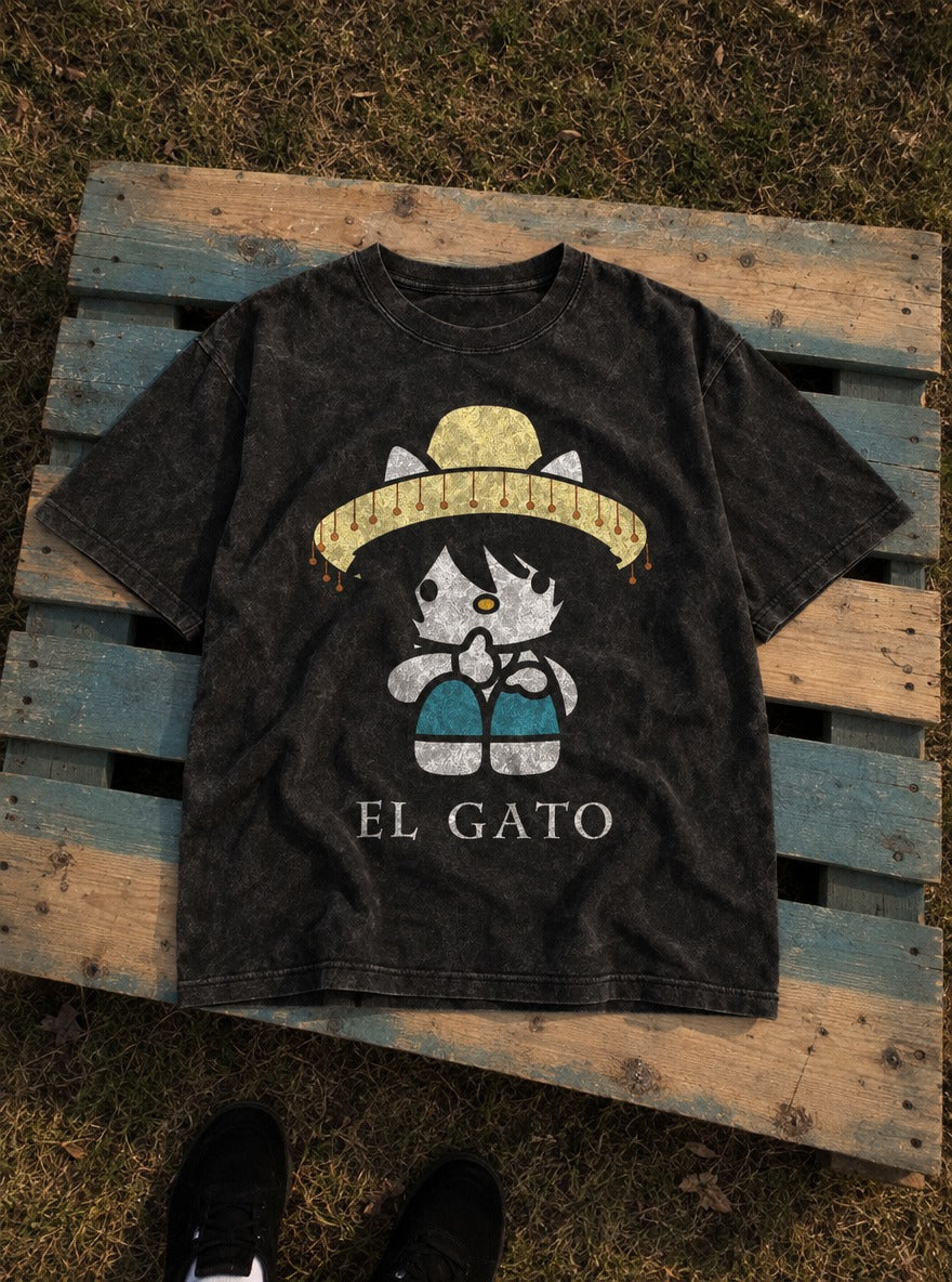 El Gato – Black Acid Wash Tee – flat-lay | Meme Tees
