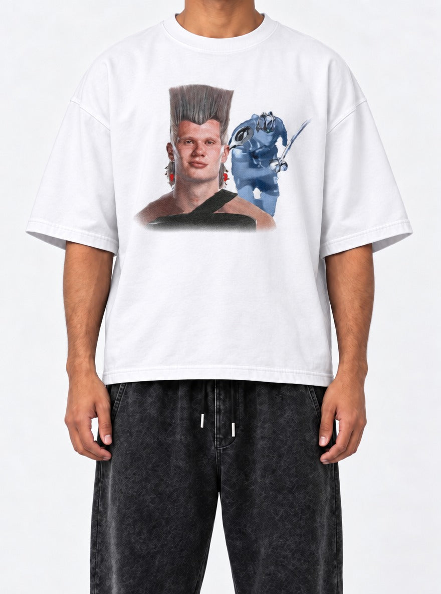 Erling Polnareff – White Tee – model shot | Meme Tees