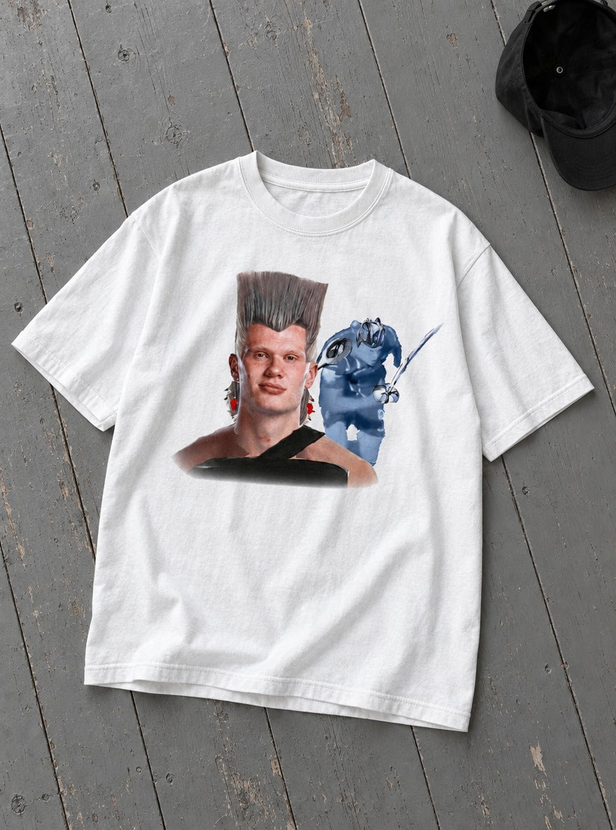 Erling Polnareff – White Tee – flat-lay | Meme Tees