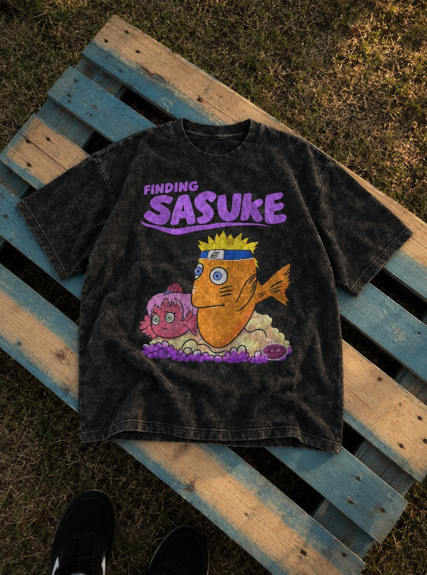 Finding Sasuke – Black Acid Wash Tee – flat-lay | Meme Tees
