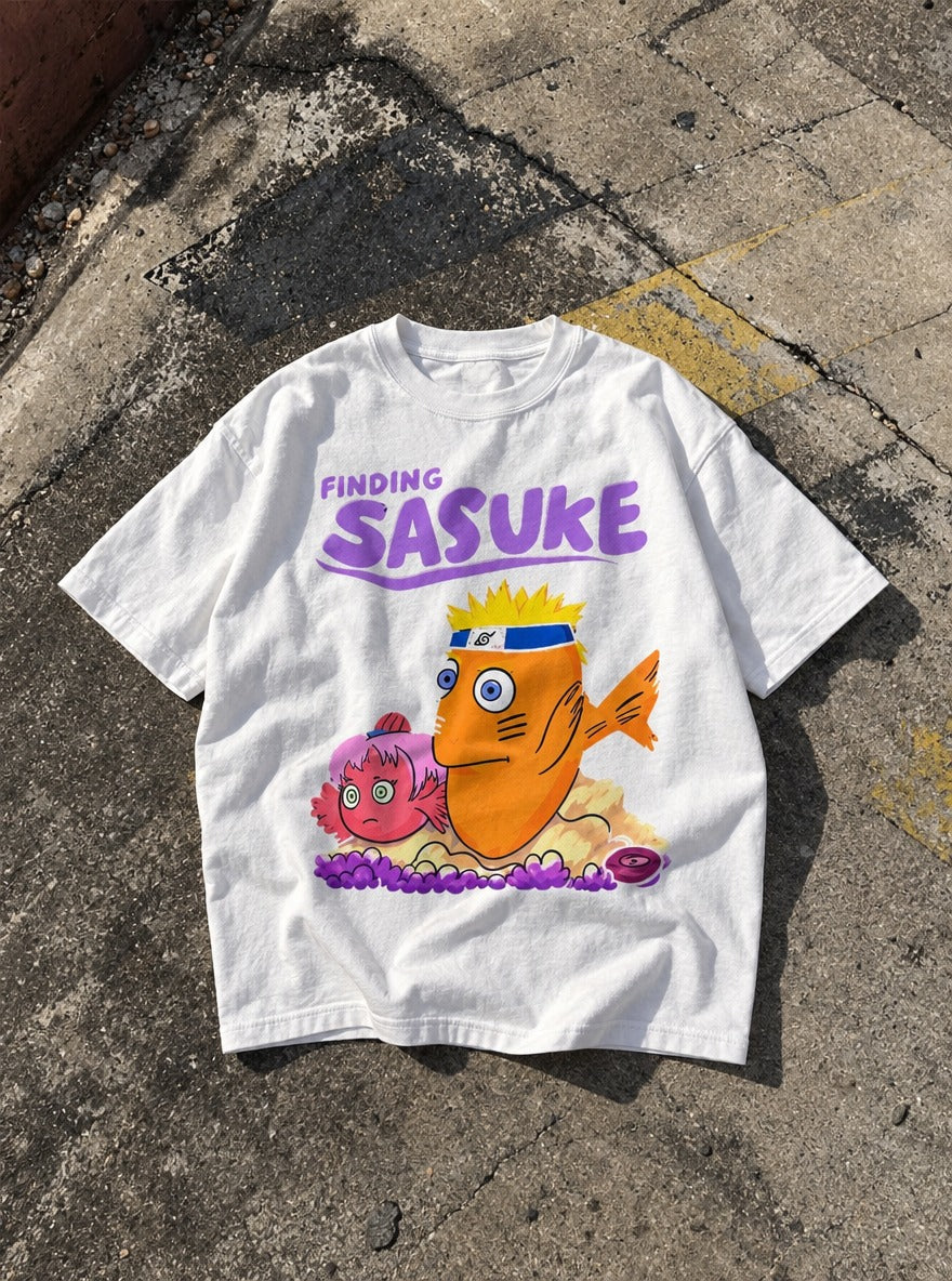 Finding Sasuke – White Tee – flat-lay | Meme Tees