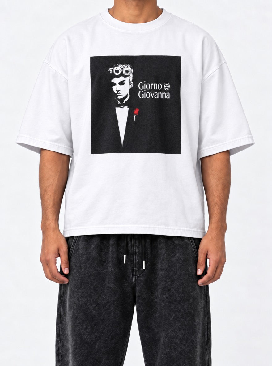 Giorno Godfather – White Tee – model shot | Meme Tees
