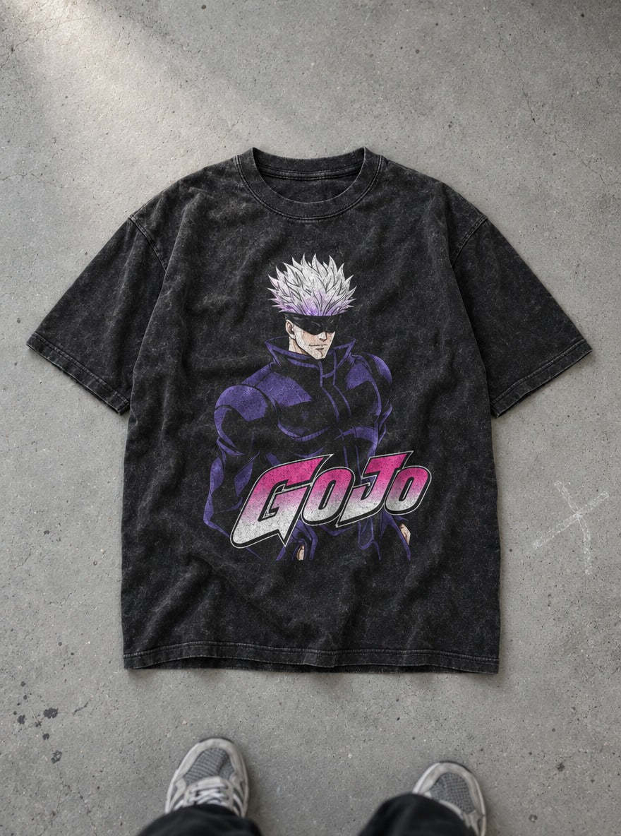 Go Jojo – Black Acid Wash Tee – flat-lay | Meme Tees