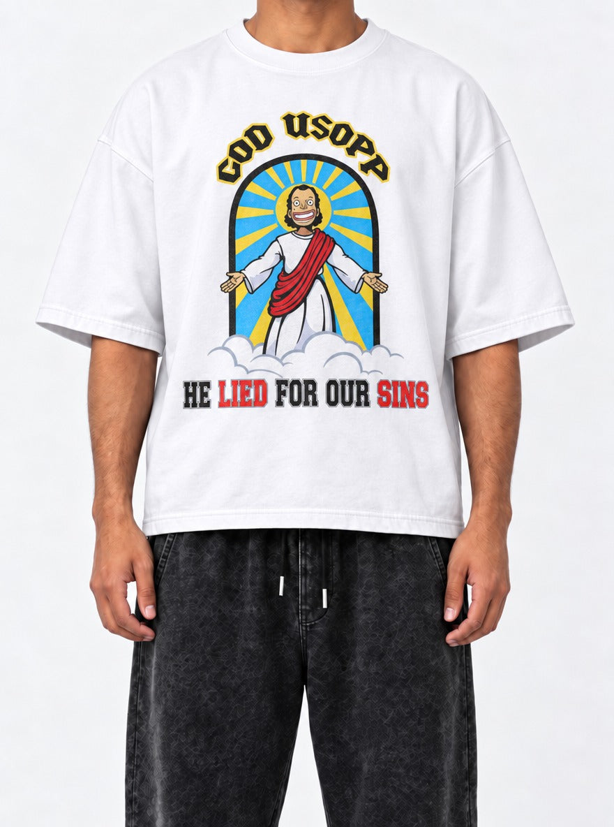 God Usopp – White Tee – model shot | Meme Tees
