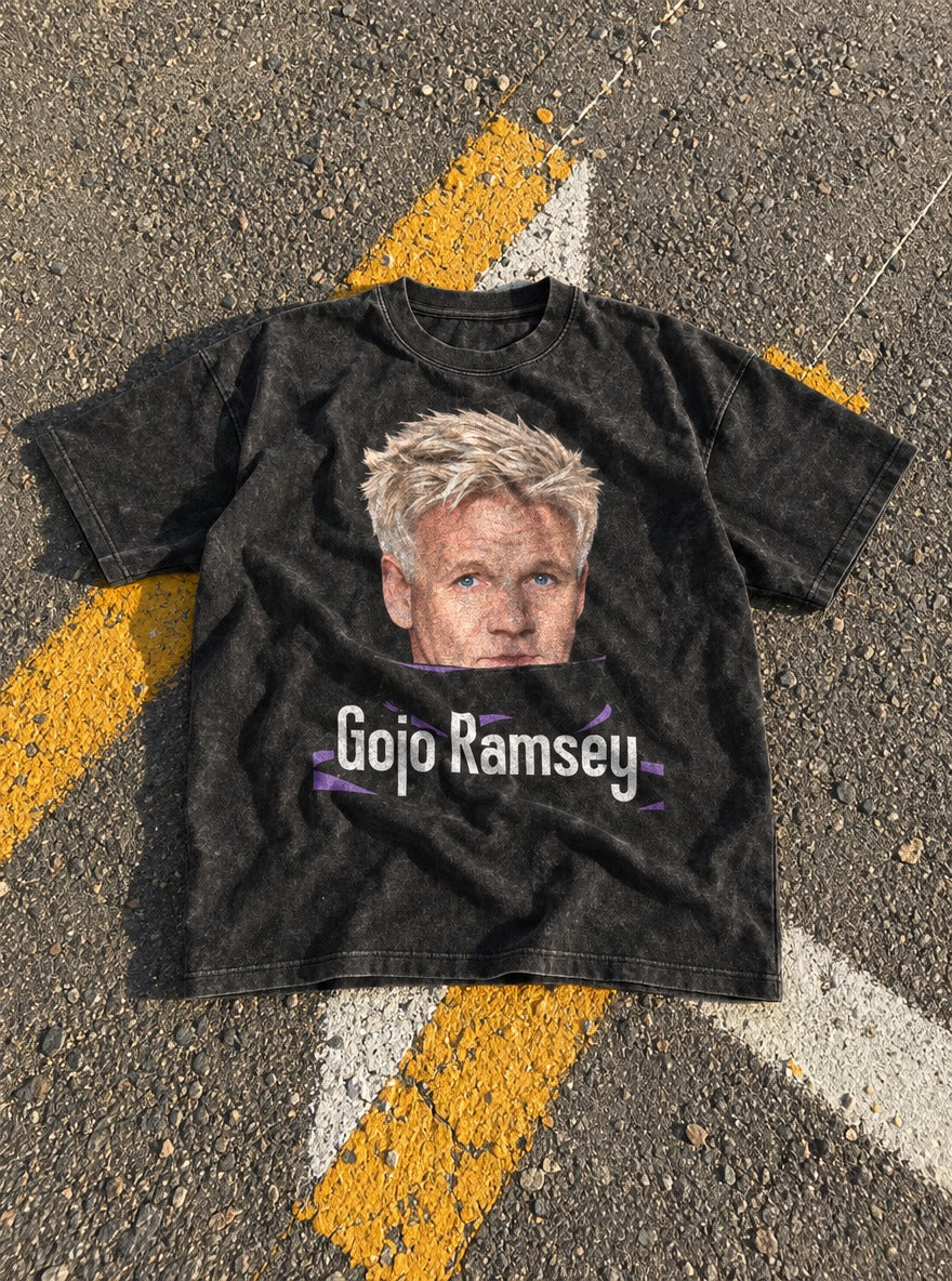Gojo Ramsey – Black Acid Wash Tee – flat-lay | Meme Tees