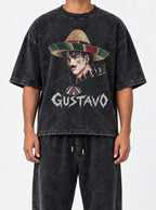 Gustavo – Black Acid Wash Tee – model shot | Meme Tees