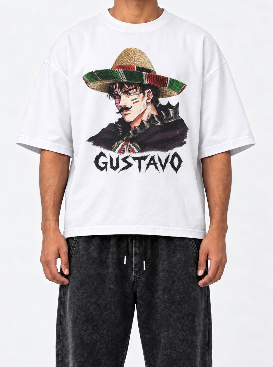 Gustavo – White Tee – model shot | Meme Tees