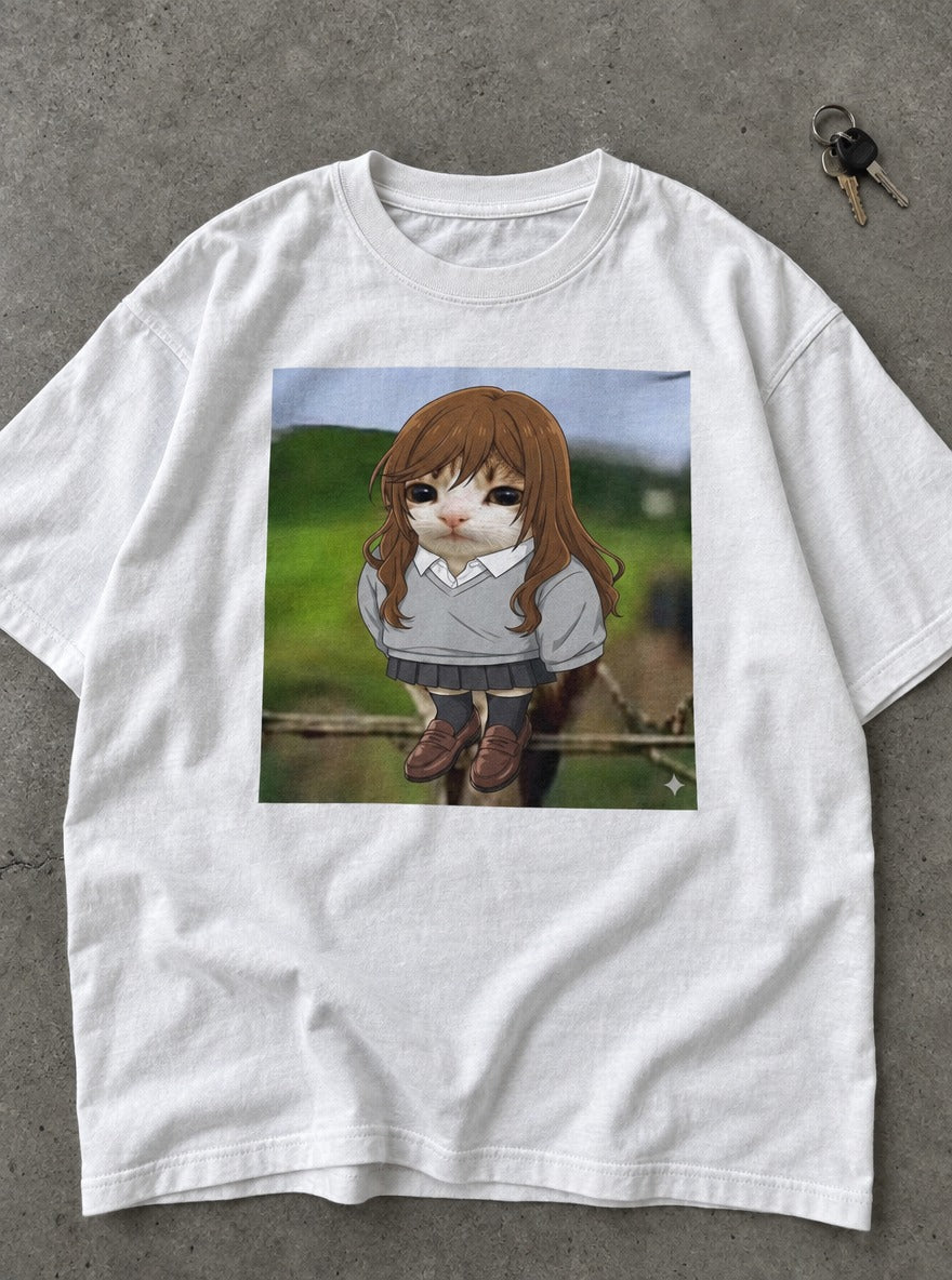 HoriMeowls – White Tee – flat-lay | Meme Tees