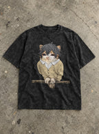 HoriMeowls Miyamura – Black Acid Wash Tee – flat-lay | Meme Tees