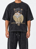 HoriMeowls Miyamura – Black Acid Wash Tee – model shot | Meme Tees